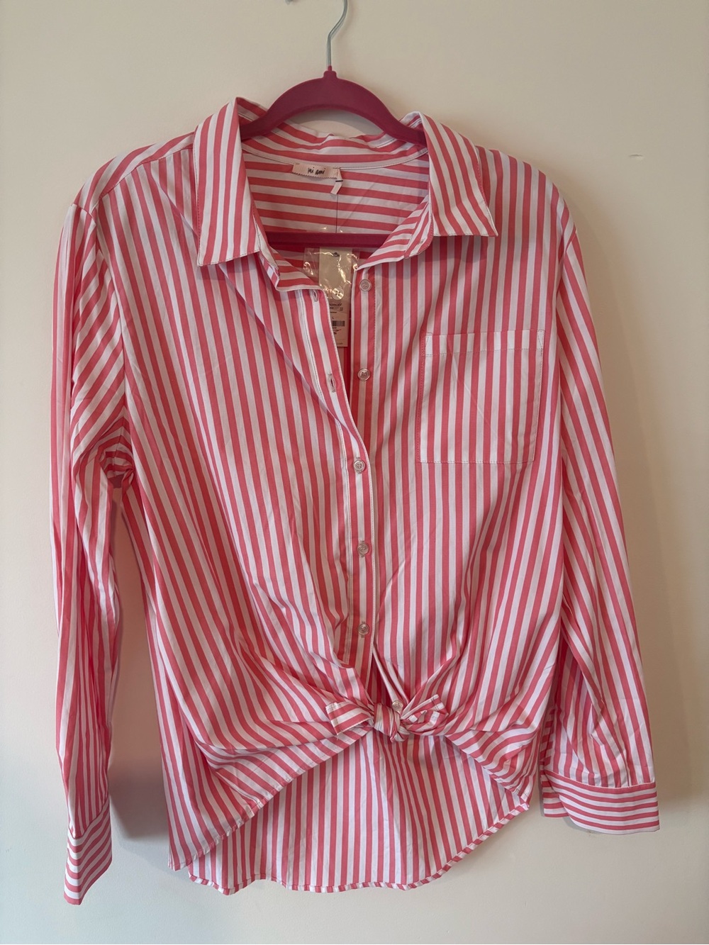 Miami Pink & White Striped Button-Down Tie Front Shirt
